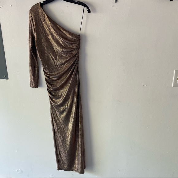 Zara metallic sparkly bronze one shoulder ruched gown dress 37599 - Picture 3 of 12